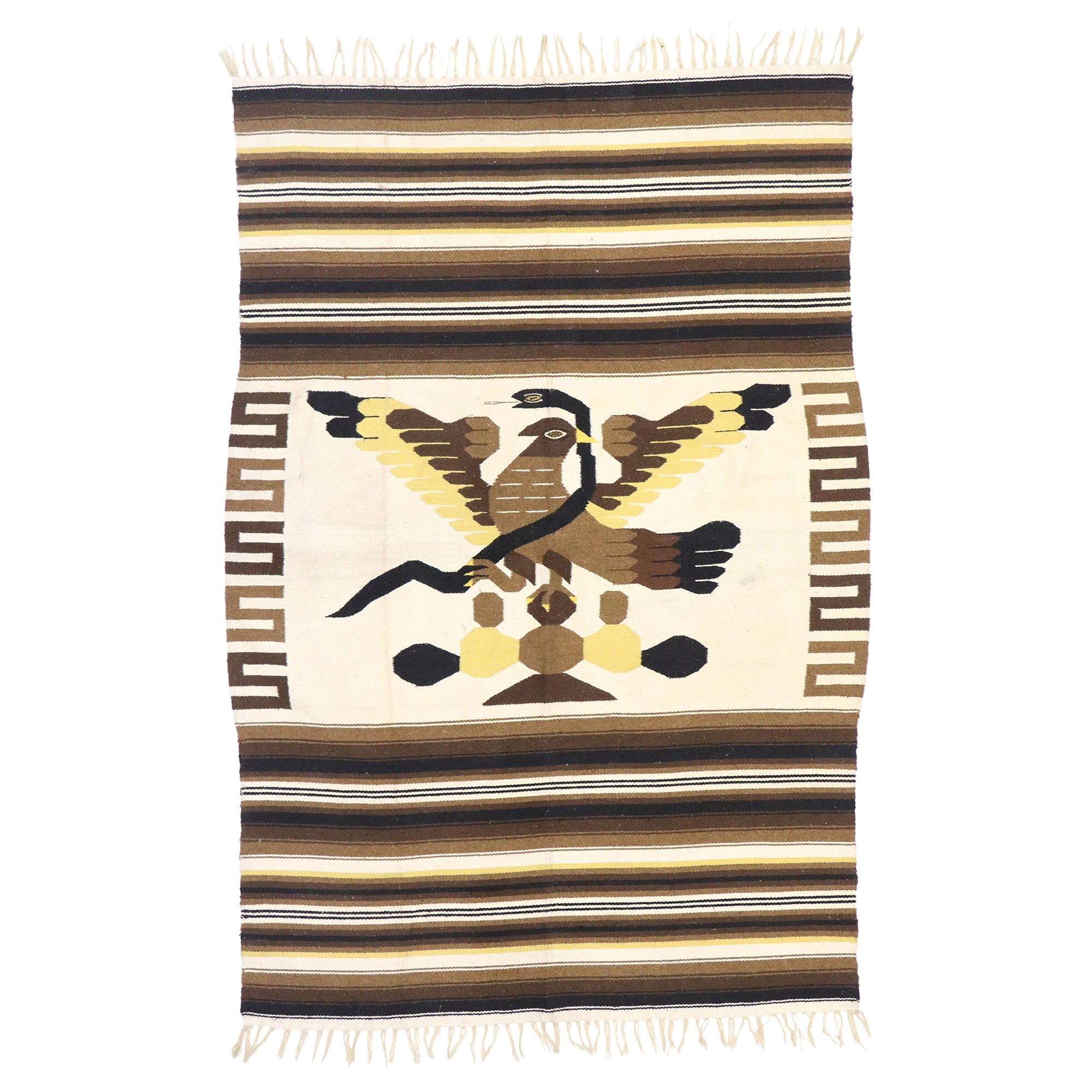 Vintage Mexican Kilim Serape Blanket Rug with Tribal Style, Eagle Eating Snake For Sale