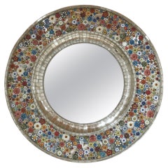 Roundy Convex Mirror, Hand Painted Ceramic Flowers and Insects over White Metal