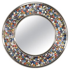 Roundy Convex Mirror, Hand Painted Ceramic Flowers and Insects over White Metal