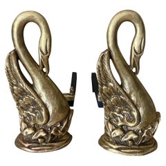 Pair of Swan Brass Fireplace Andirons