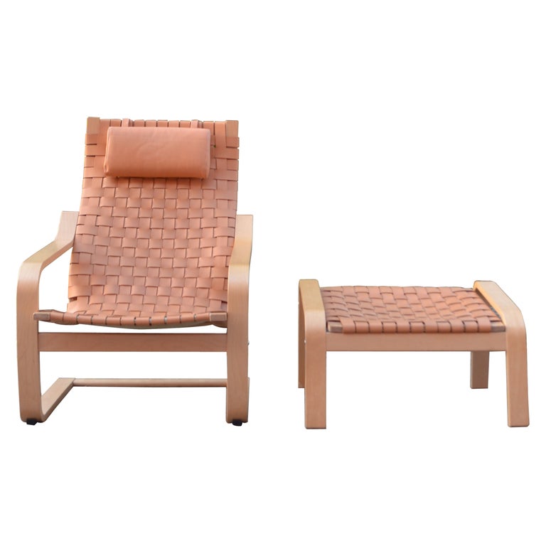 VINTAGE IKEA Poäng Saddle Leather Lounge Chair & Ottomane Noboru Nakamura 1999 For Sale
