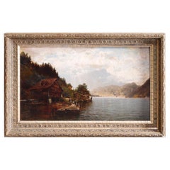 Antique Landscape Painting of Lake by Josef Schoyerer, 19th C