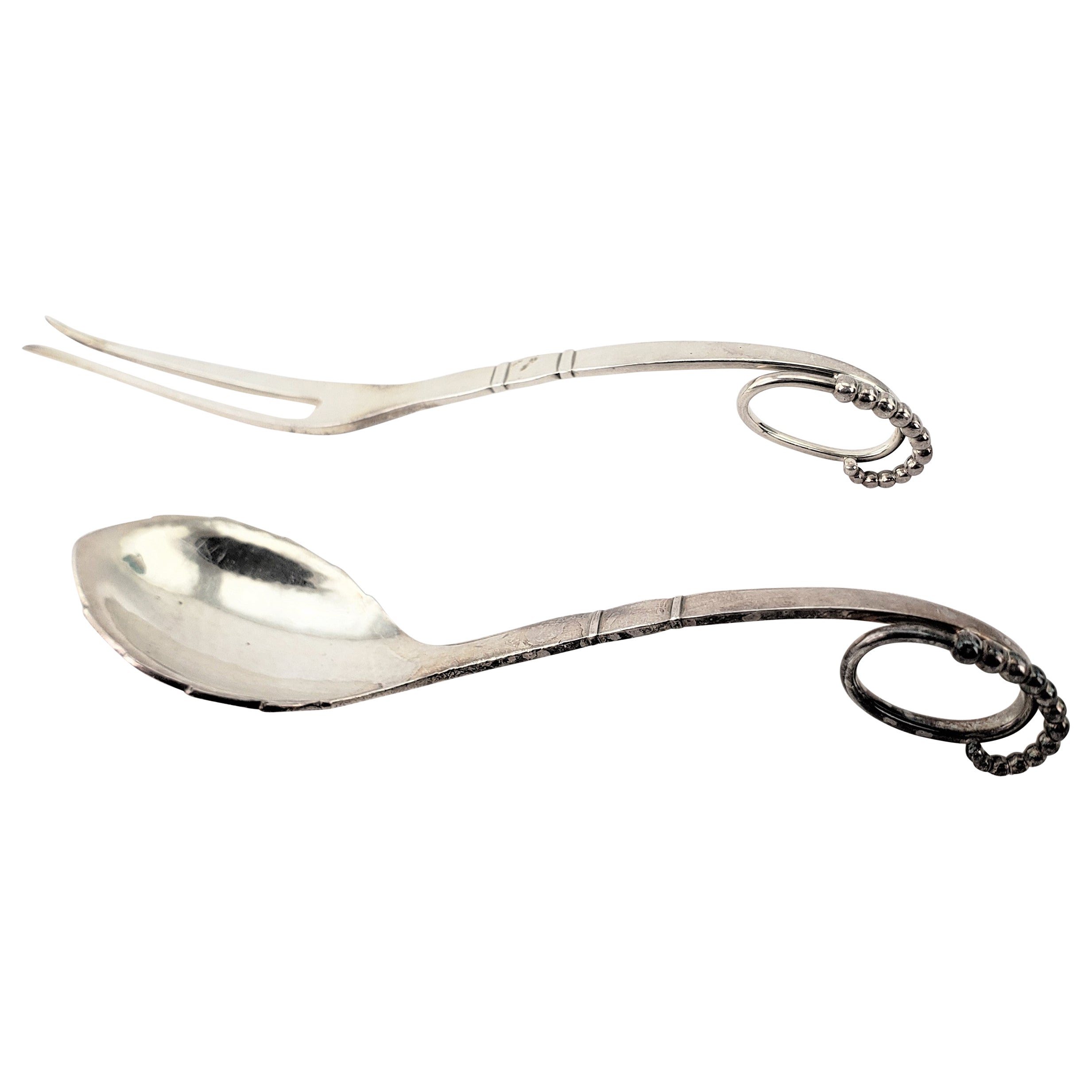 Georg Jensen Sterling Silver Blossom Cocktail or Pickle Fork & Condiment Spoon For Sale