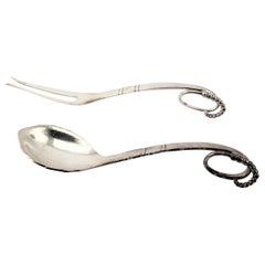 Georg Jensen Sterling Silver Blossom Cocktail or Pickle Fork & Condiment Spoon