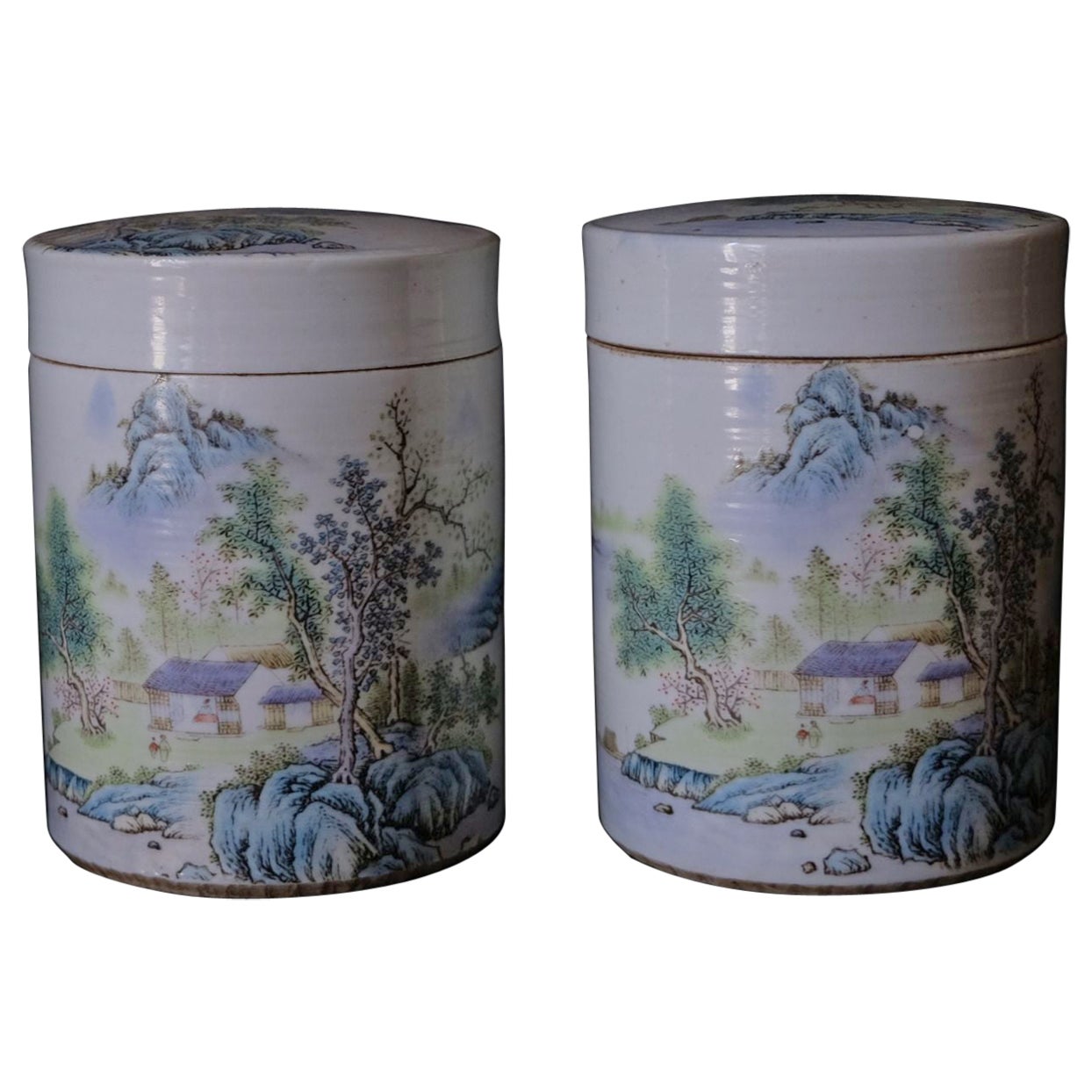 Pair of Large Chinese Landscaping Round Porcelain Boxes with Lids For Sale