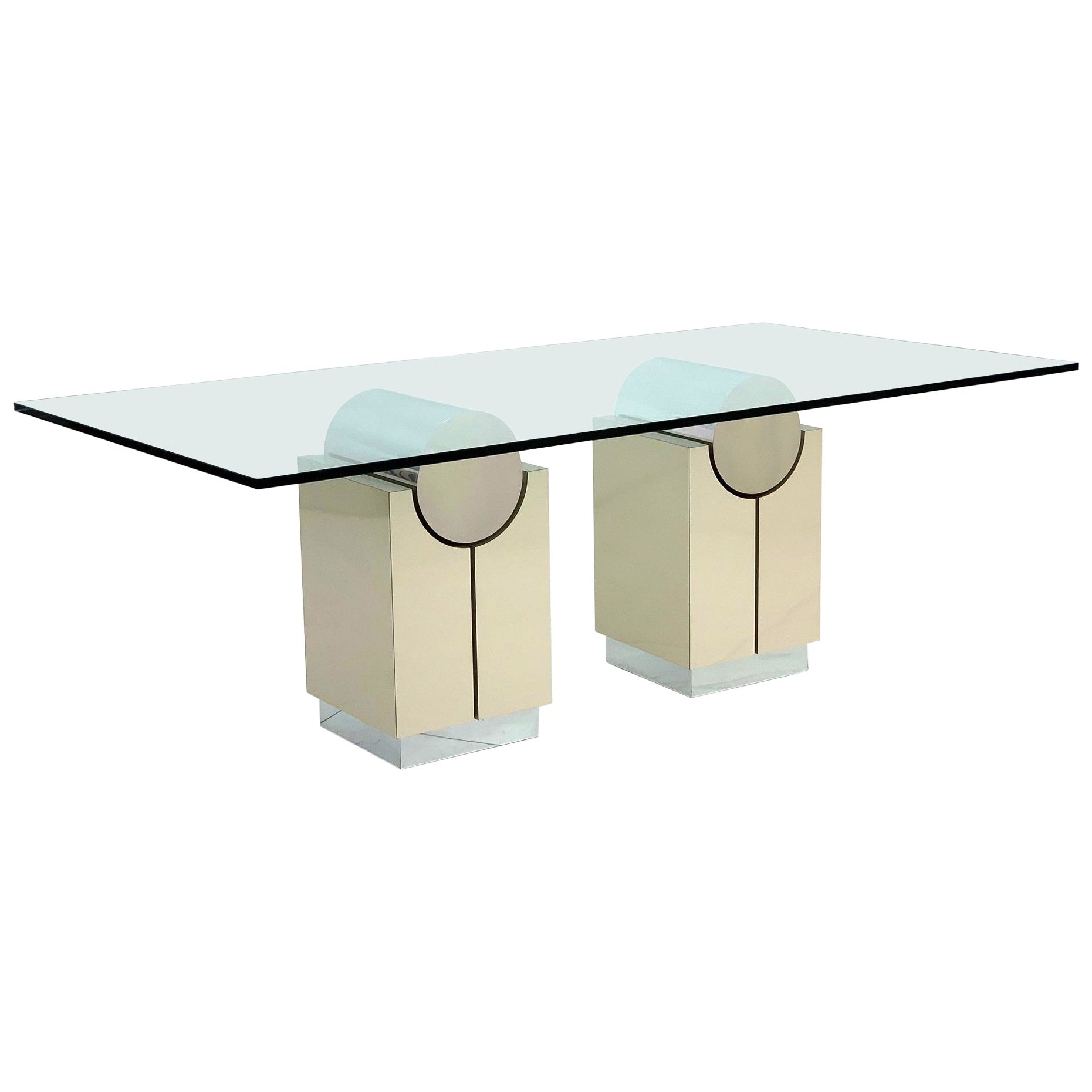 Post Modern Chrome and Lacquer Double Pedestal Dining Table or Writing Table