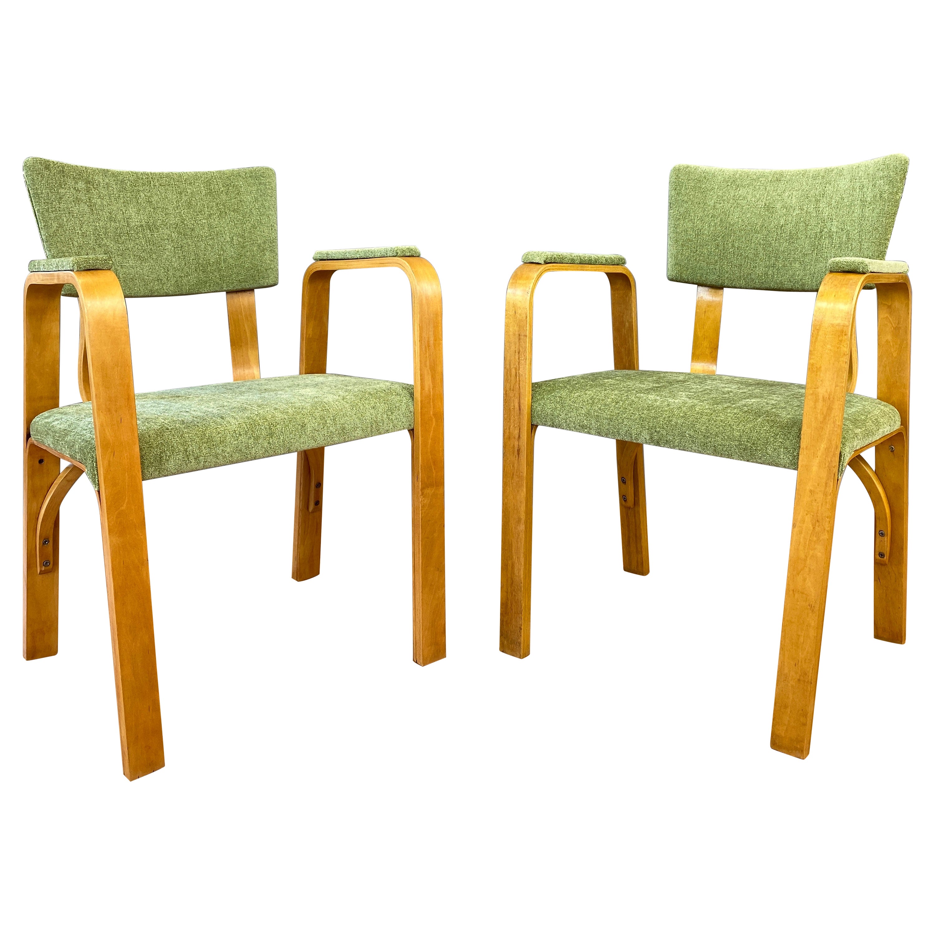 Pair 1950s Bentwood Thonet Armchairs Green Upholstery
