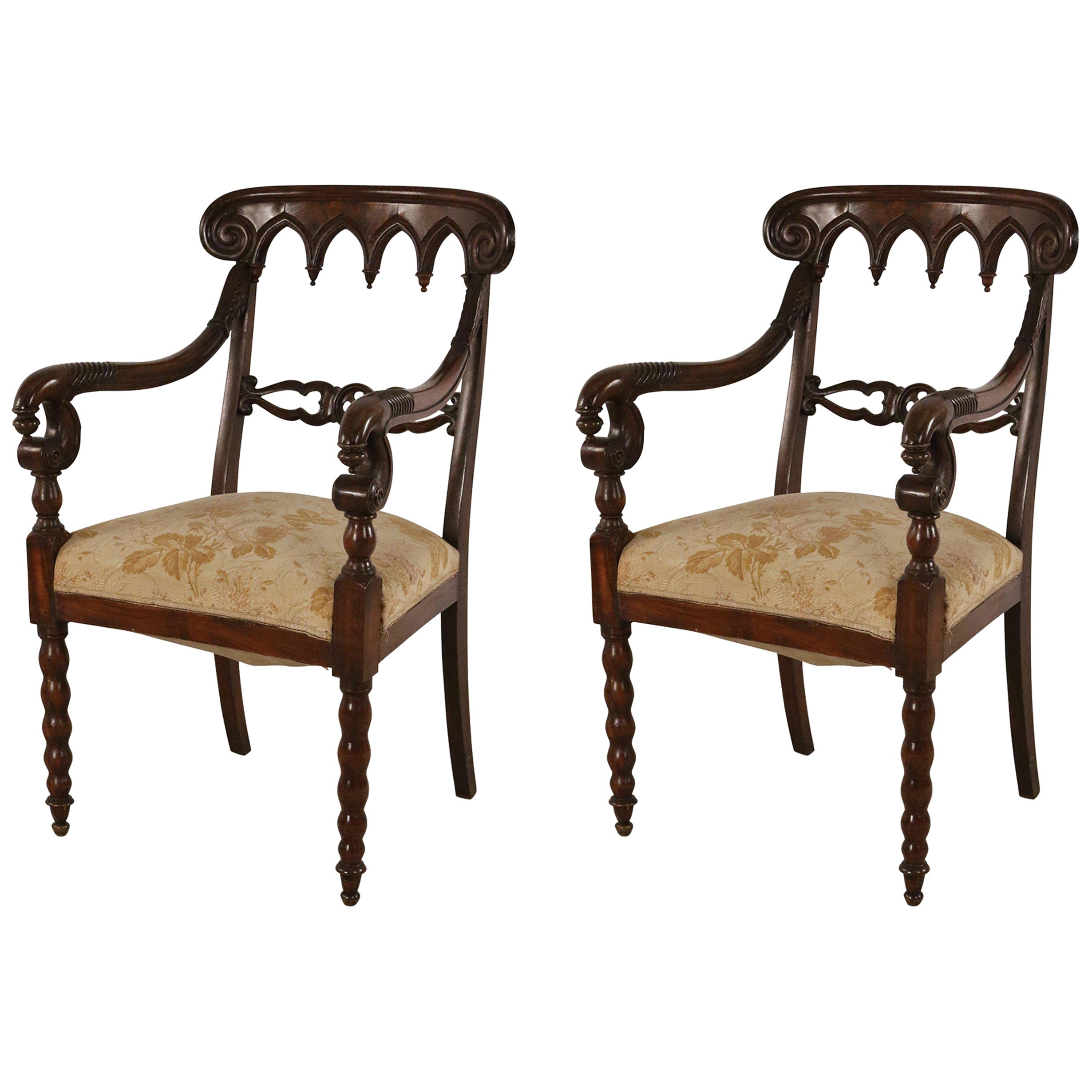 Pair of English Gothic Style Mahogany and Gold Damask Armchairs For Sale
