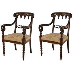 Antique Pair of English Gothic Style Mahogany and Gold Damask Armchairs