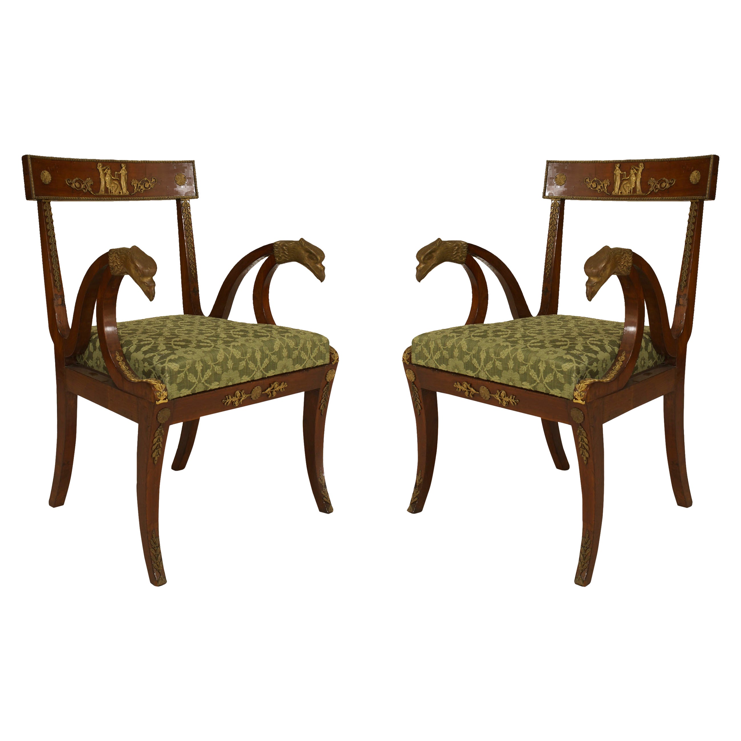 Pair of French Empire Green Armchairs with Bronze Mounts