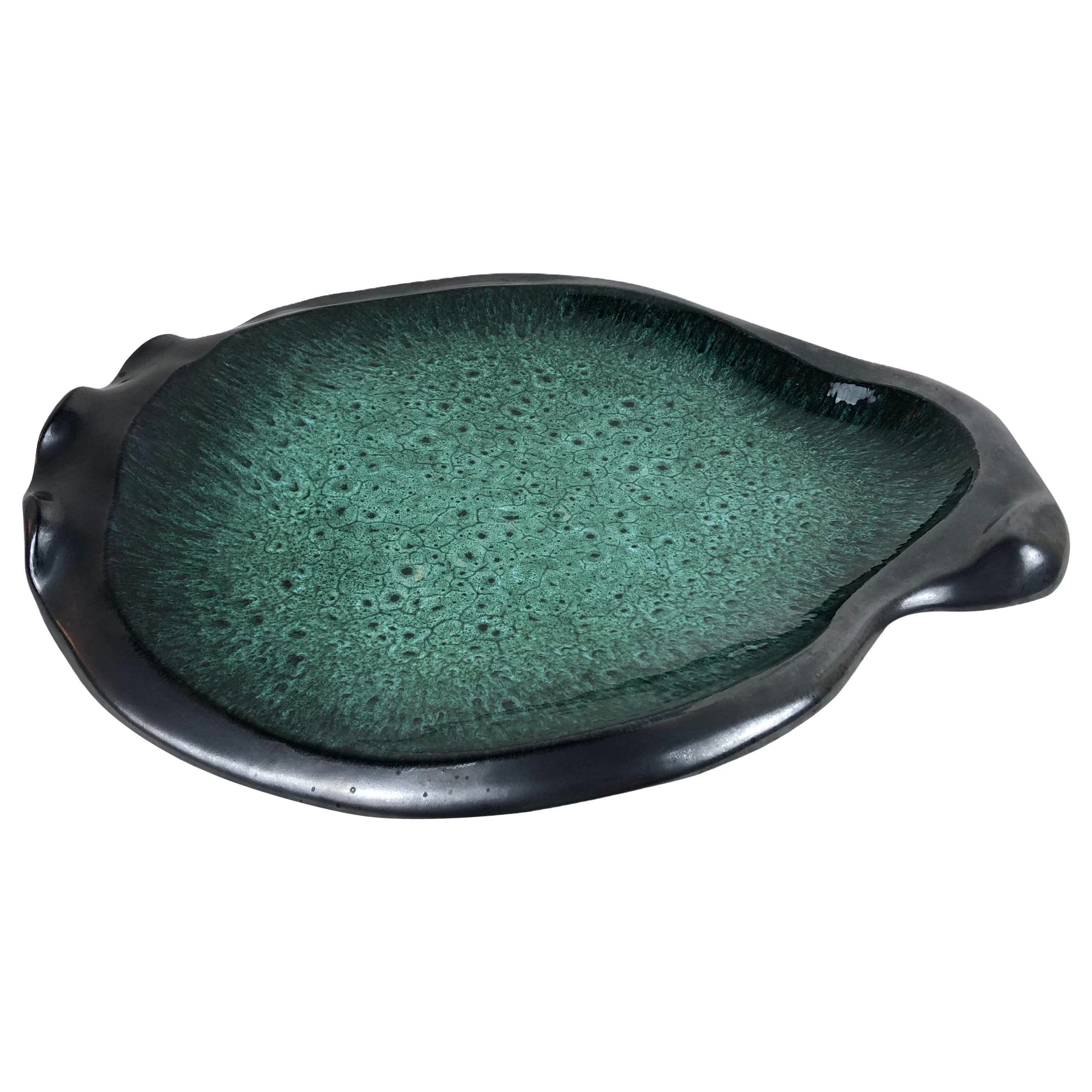 Large French Midcentury Black Matte Glazed Green Ceramic Bowl or Platter, Signed