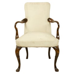 Antique Queen Anne White Upholstered Walnut Arm Chair