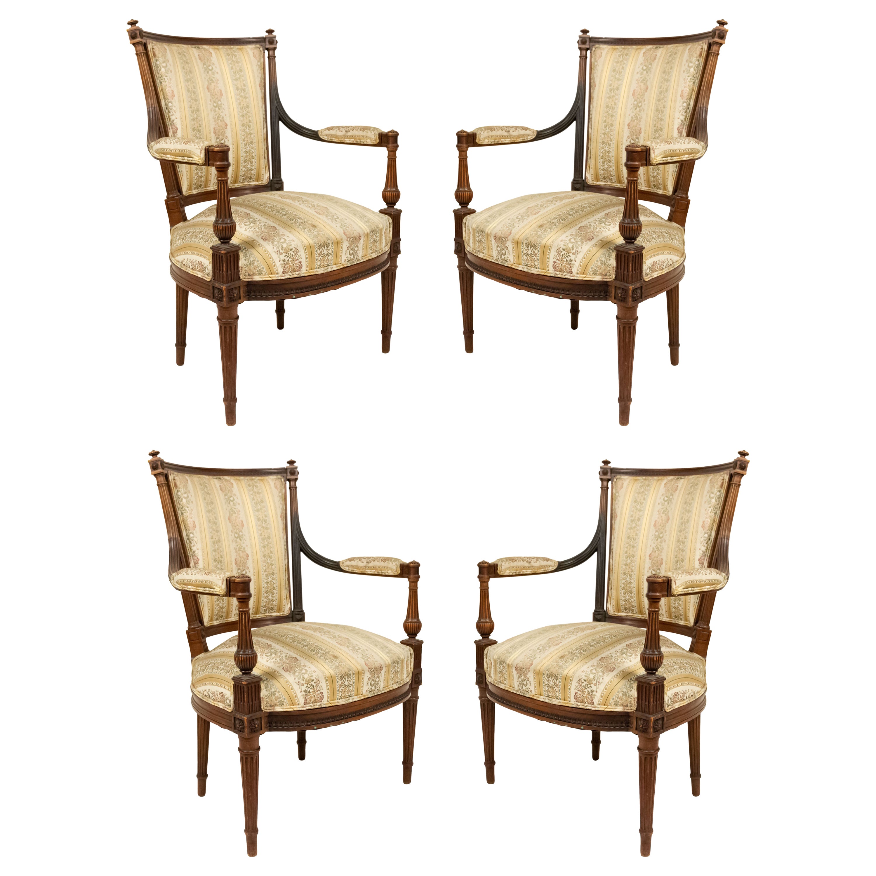 Set of 4 French Louis XVI Striped Walnut Arm Chairs For Sale