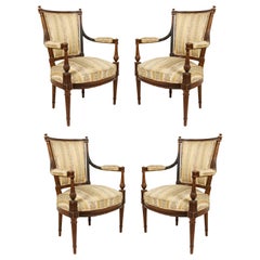 Antique Set of 4 French Louis XVI Striped Walnut Arm Chairs