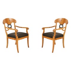 Pair of Biedermeier Style Wood and Black Upholstery Dining Armchairs