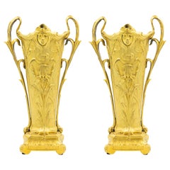 Pair of French Art Nouveau Gilt Bronze Vases
