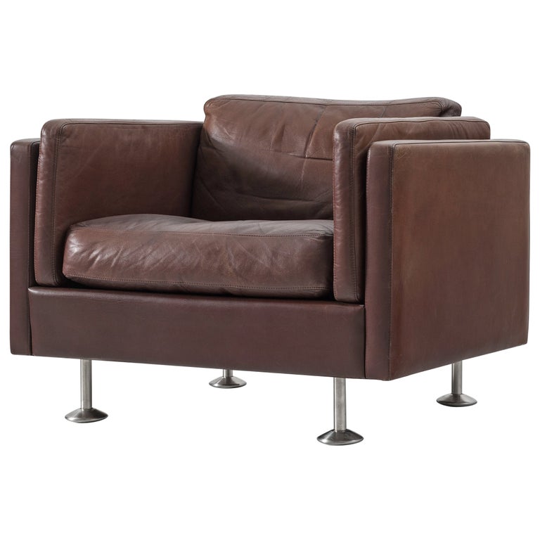 Illum Wikkelsø Cubic Lounge Chair in Brown Leather For Sale