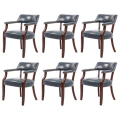 6 English Georgian Style Blue Leather Arm Chairs