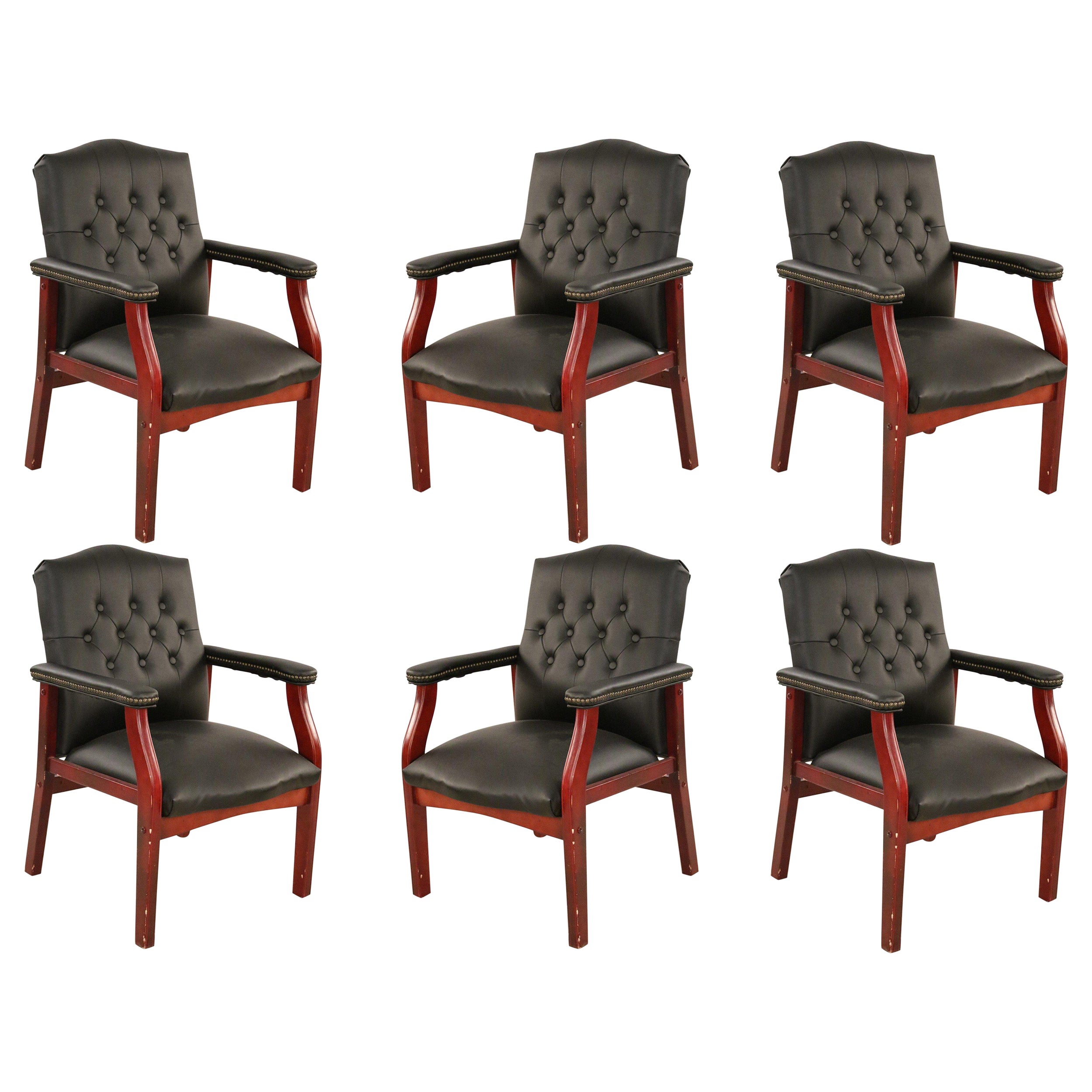 Set of 6 English Georgian Style Black Tufted Faux Leather Conference/Armchairs For Sale