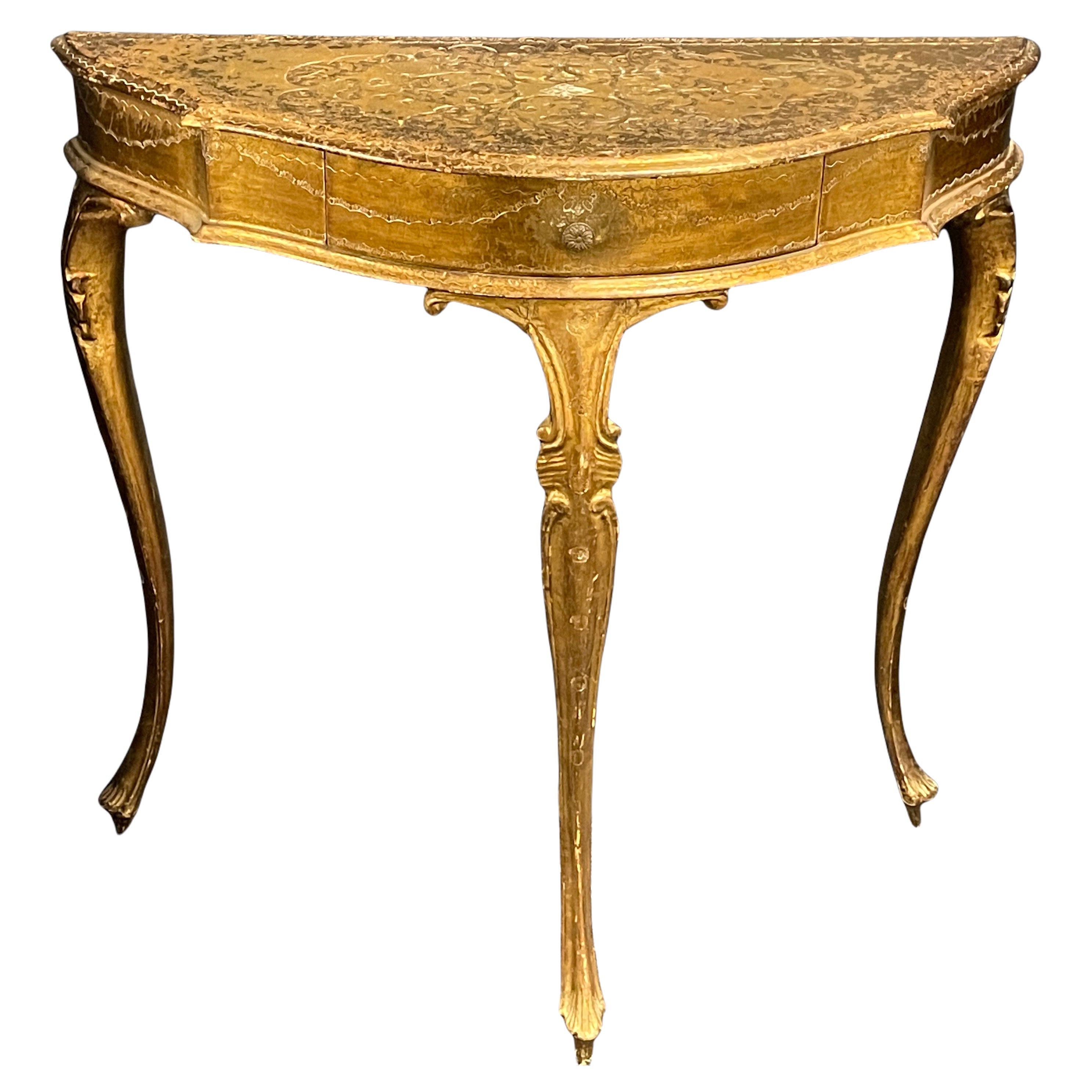 Table console en bois doré de style florentin Hollywood Regency avec tiroir