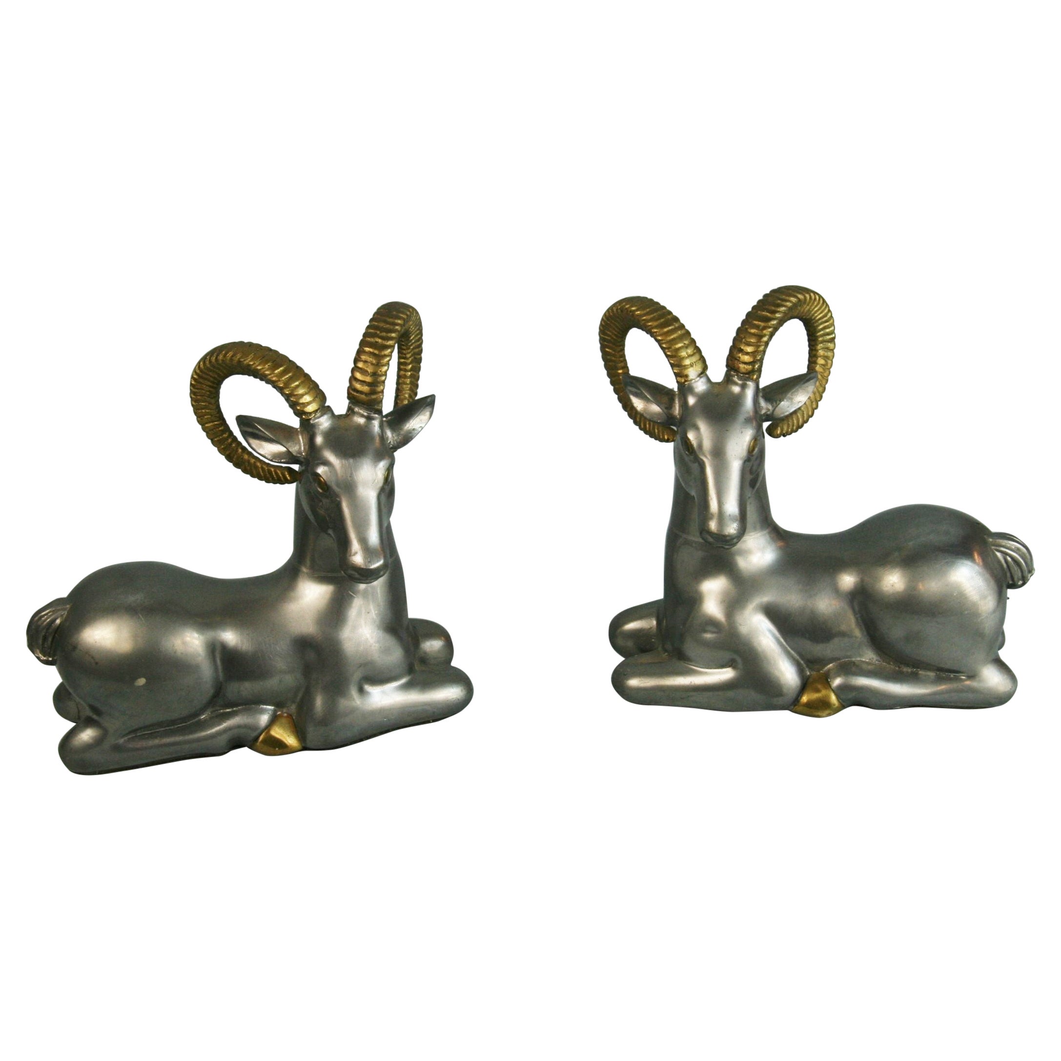 Pair Pewter and Brass Ram Bookends/Sculptures