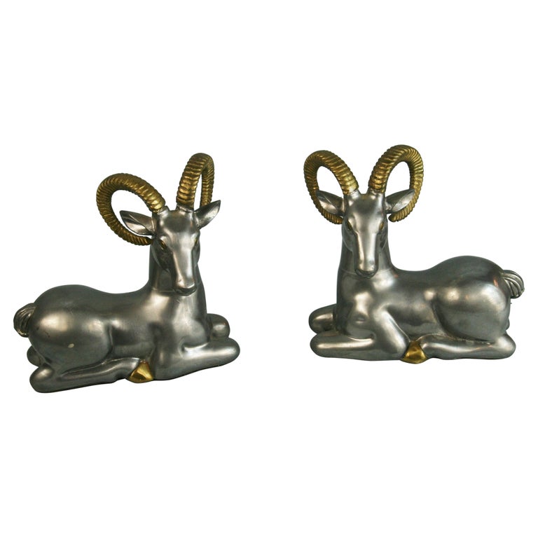 Pair Pewter and Brass Ram Bookends/Sculptures For Sale