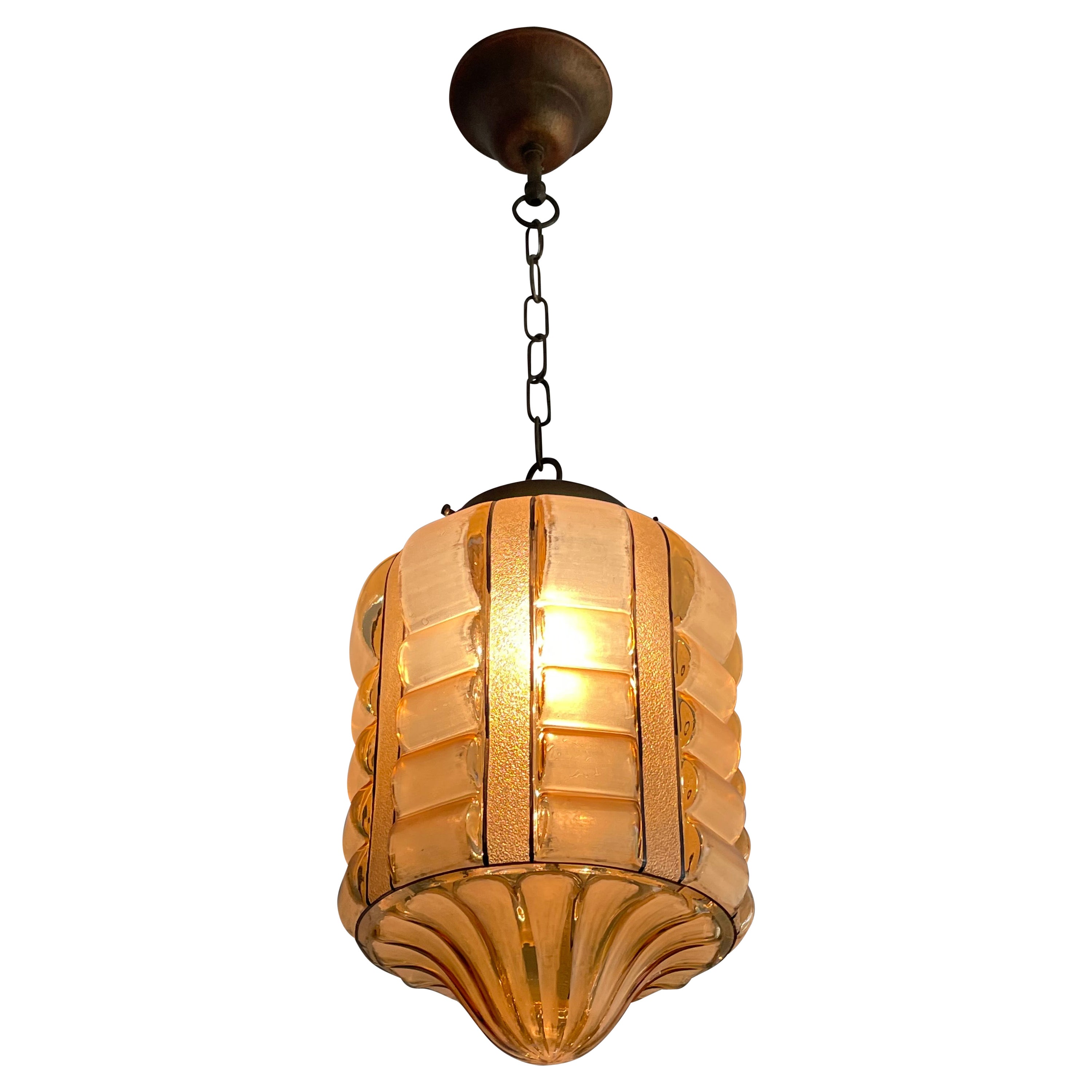 Rare Rounded Geometrical Design Art Deco Pendant Light with Brass Chain & Canopy