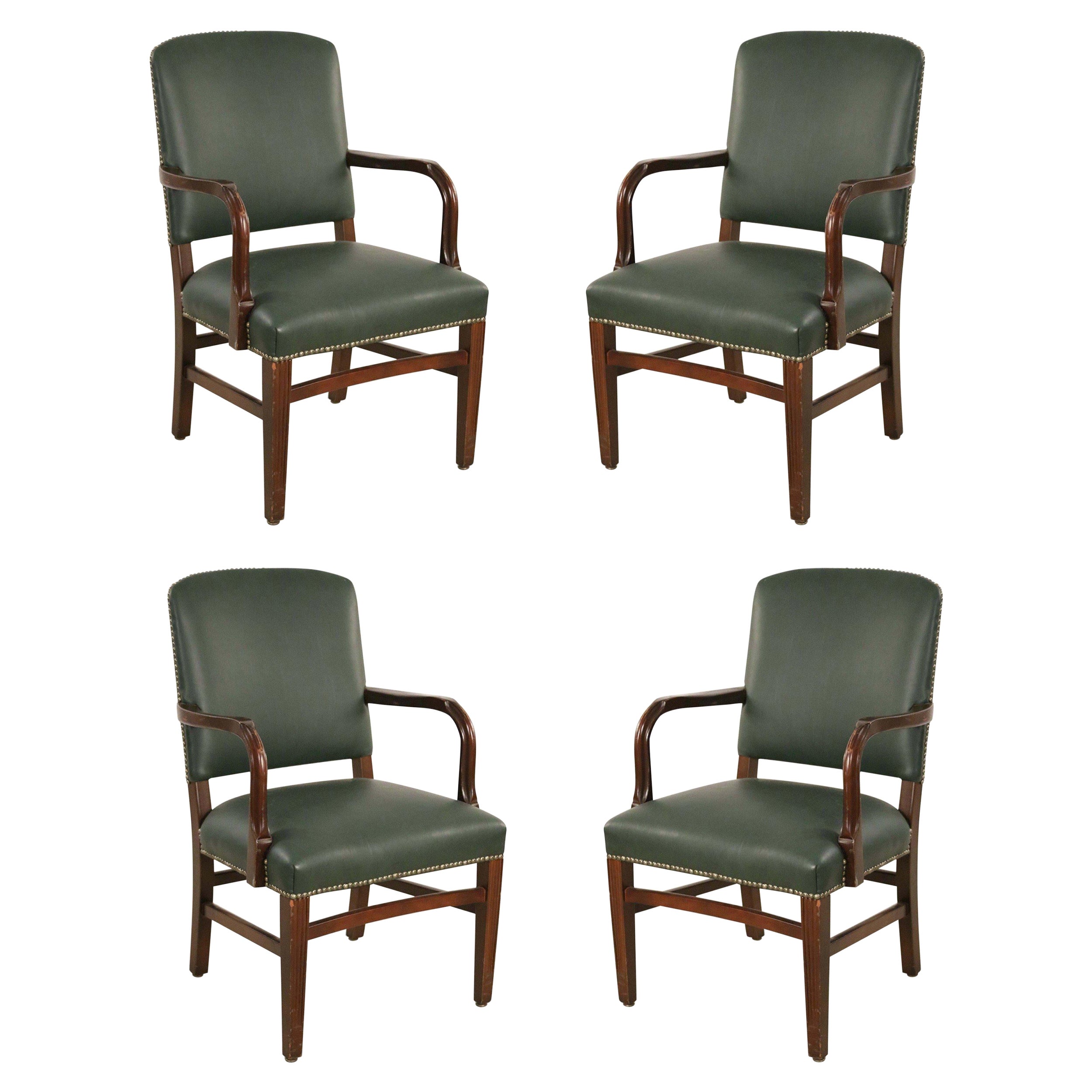 Set of 4 English Victorian Style Green Leather and Mahogany Armchairs