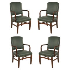 Set of 4 English Victorian Style Green Leather and Mahogany Armchairs