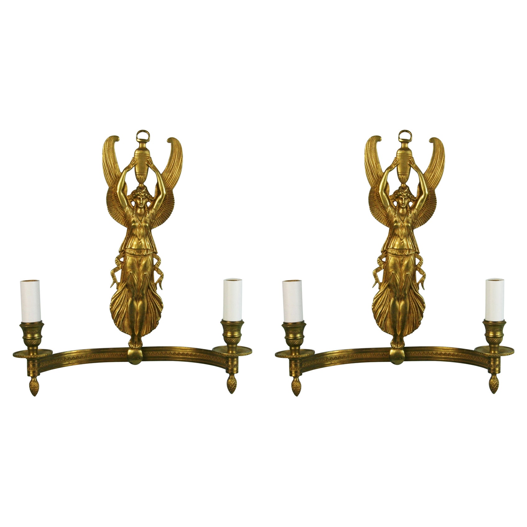3-763 pair of French finely chased gilt brass two light sconces.
Needs rewiring for USA