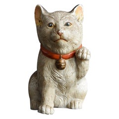 Antique Beautiful Old Japanese Rare Pottery Cat/ Beckoning Cat/ Kutani Ware/ Meiji Era