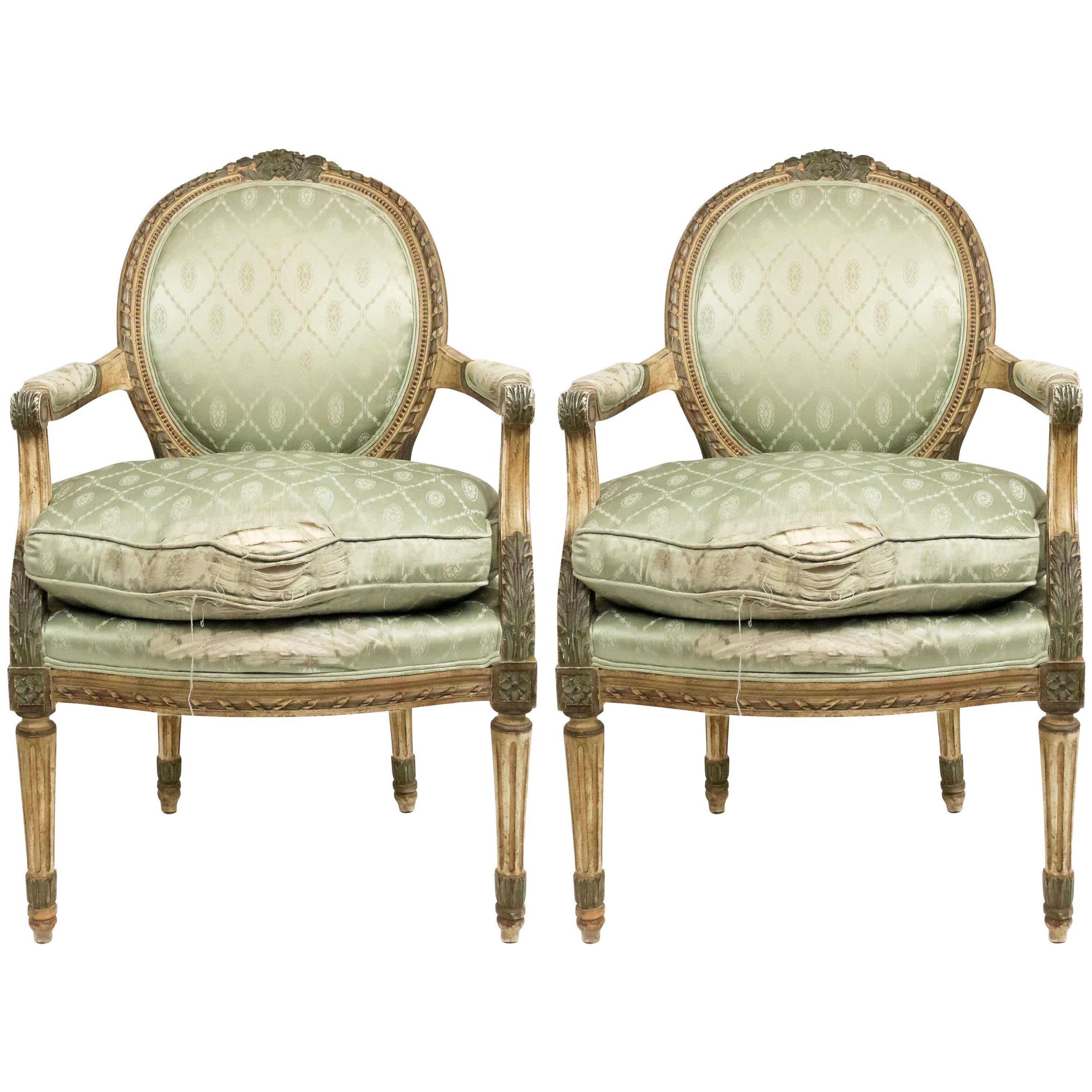 Pair of French Louis XVI Green Silk Armchairs