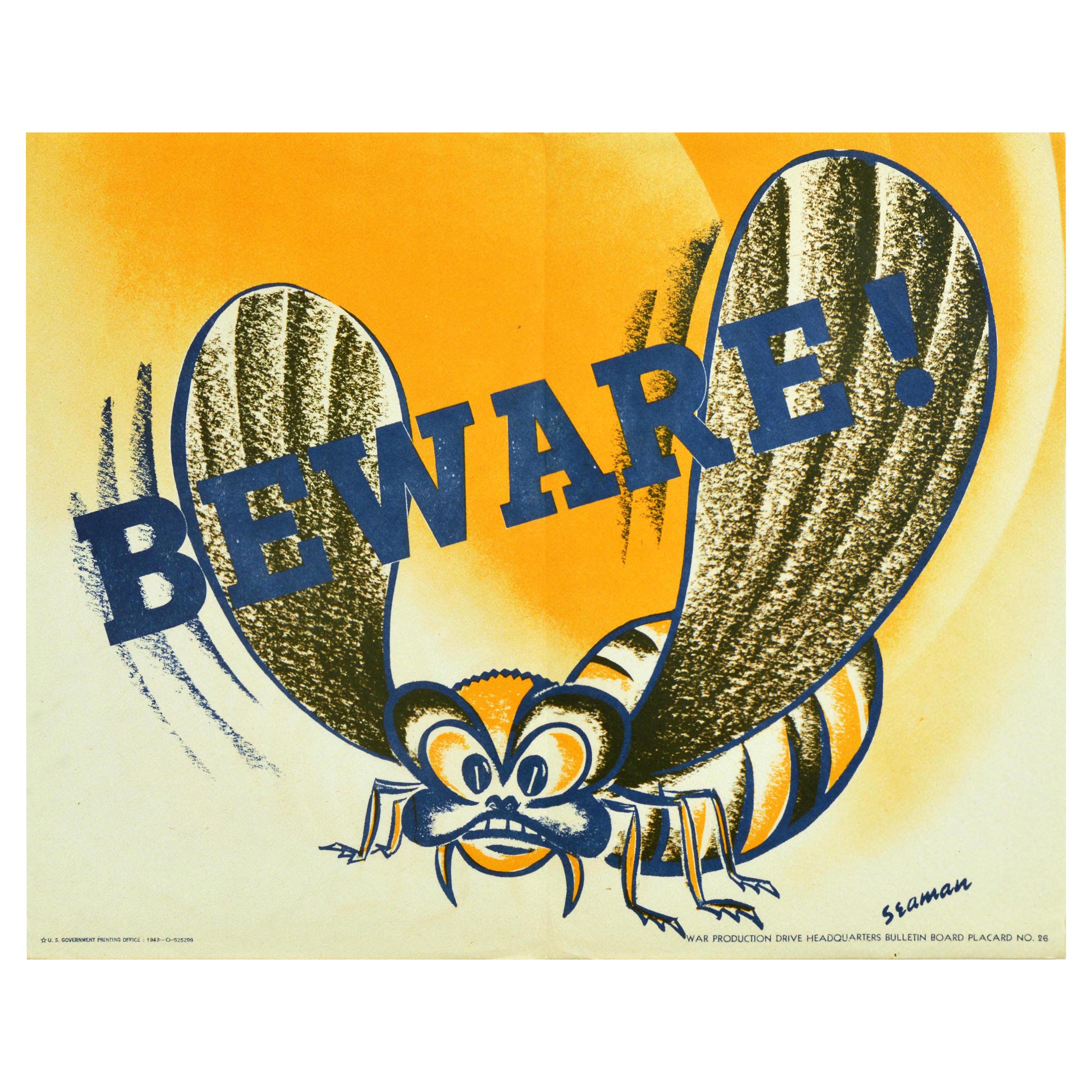 Original Vintage WWII Propaganda Poster Beware Wasp Design War Production Drive