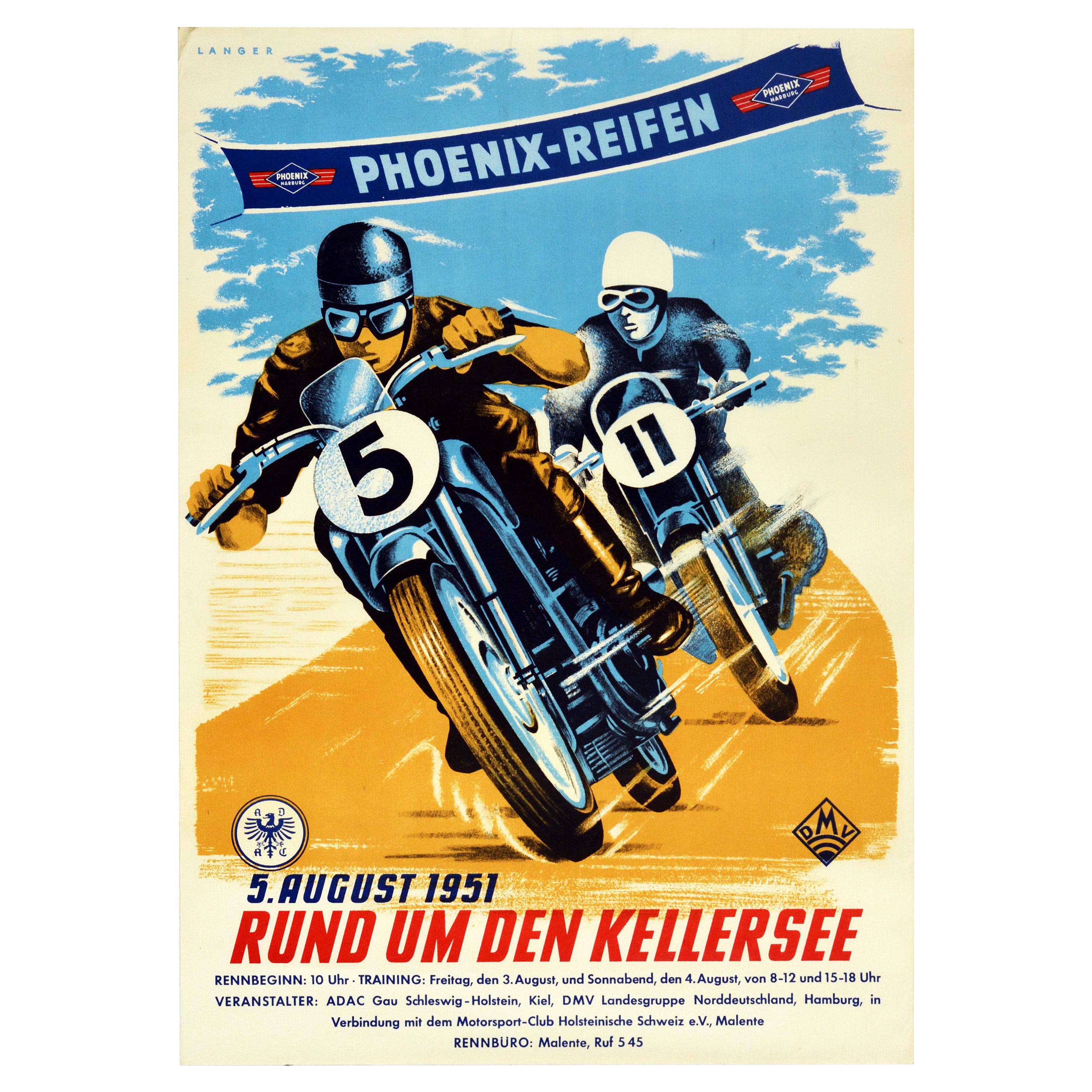 Original Vintage Poster Kellersee Lake Phoenix Reifen Tires Motorcycle Race Art