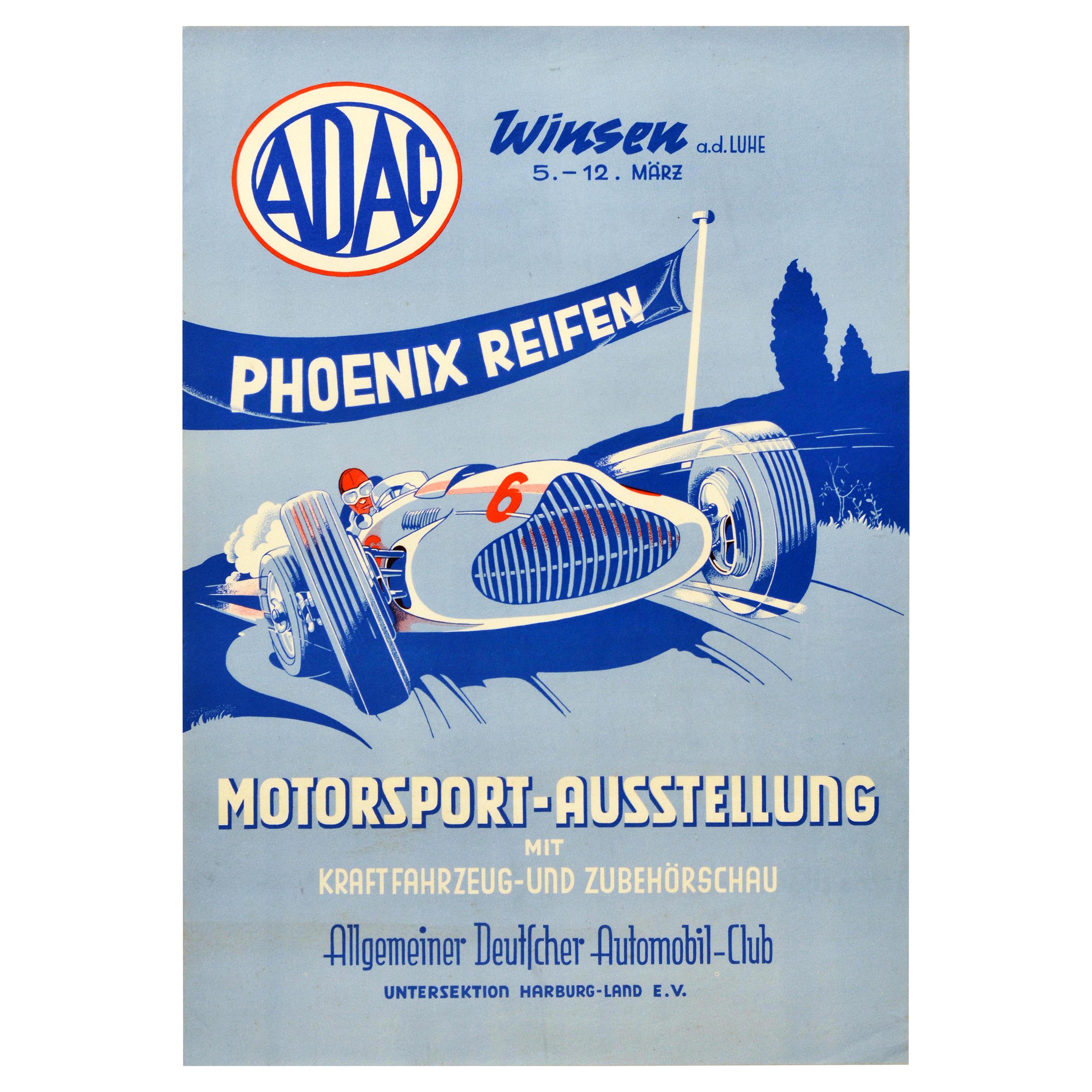 Affiche vintage d'origine d'une exposition de voitures de sport ADAC Phoenix Reifen, Affiche publicitaire