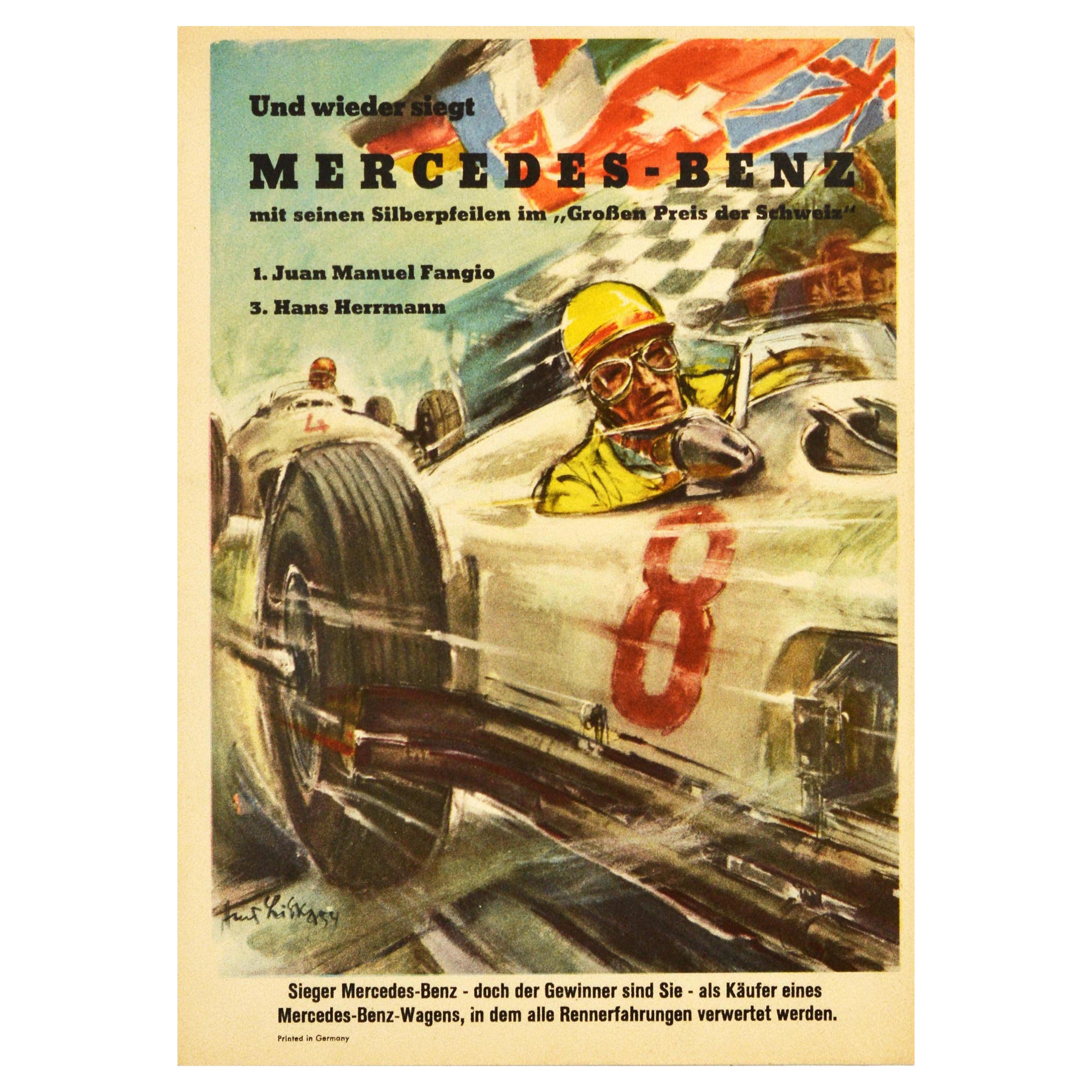 Original Vintage Poster Mercedes Benz Silver Arrows 1954 Swiss Grand Prix  Fangio For Sale at 1stDibs