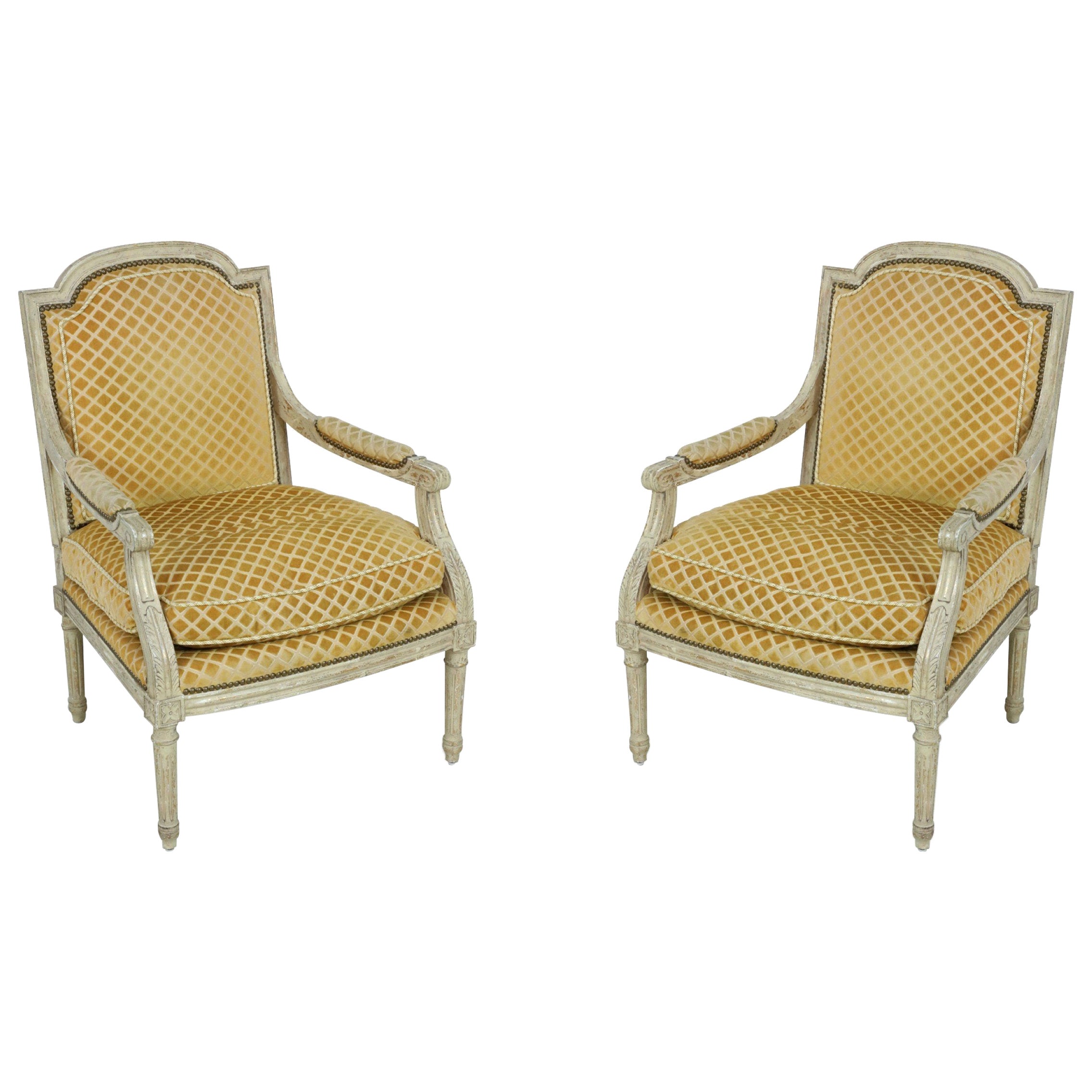 Pair of Louis XVI-Style Gold Upholstered Fauteuils / Armchairs