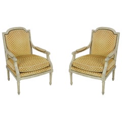 Pair of Louis XVI-Style Gold Upholstered Fauteuils / Armchairs