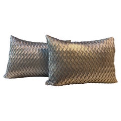 Pair of Silk Cushions Color White Gold Pleated Fish Scale Pattern