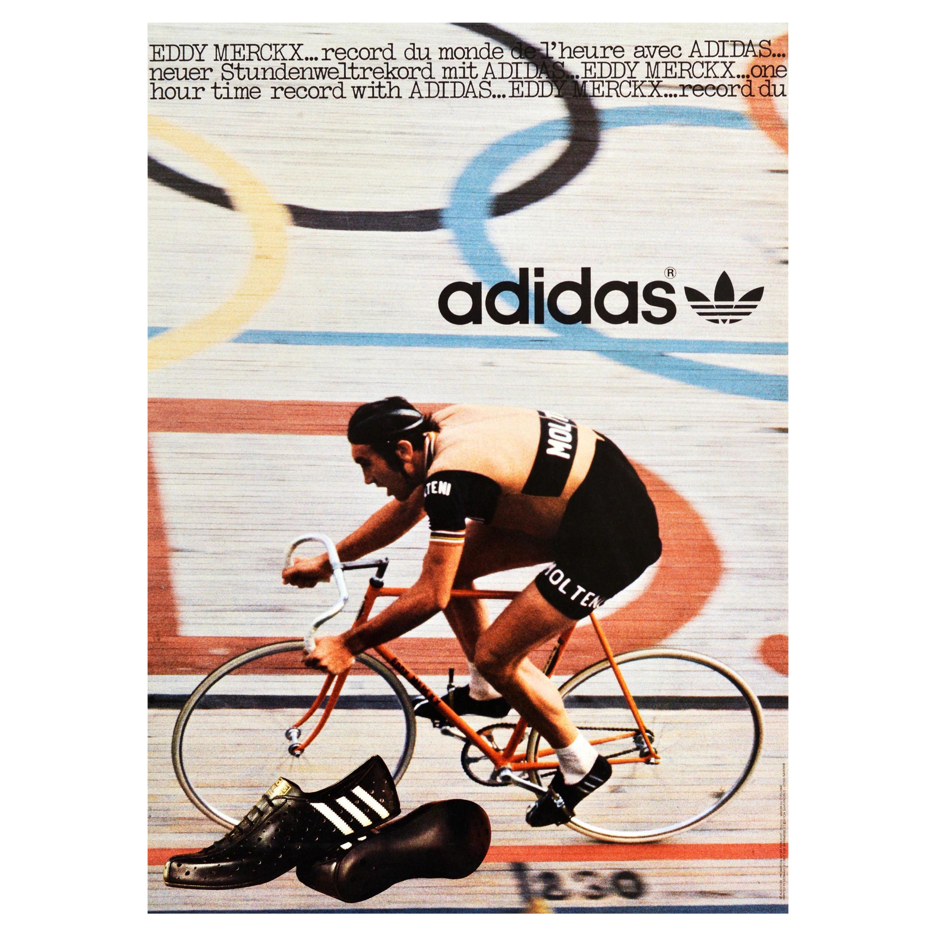 Original Poster Adidas Sport Eddy Merckx World Record Cyclist Race For Sale at 1stDibs