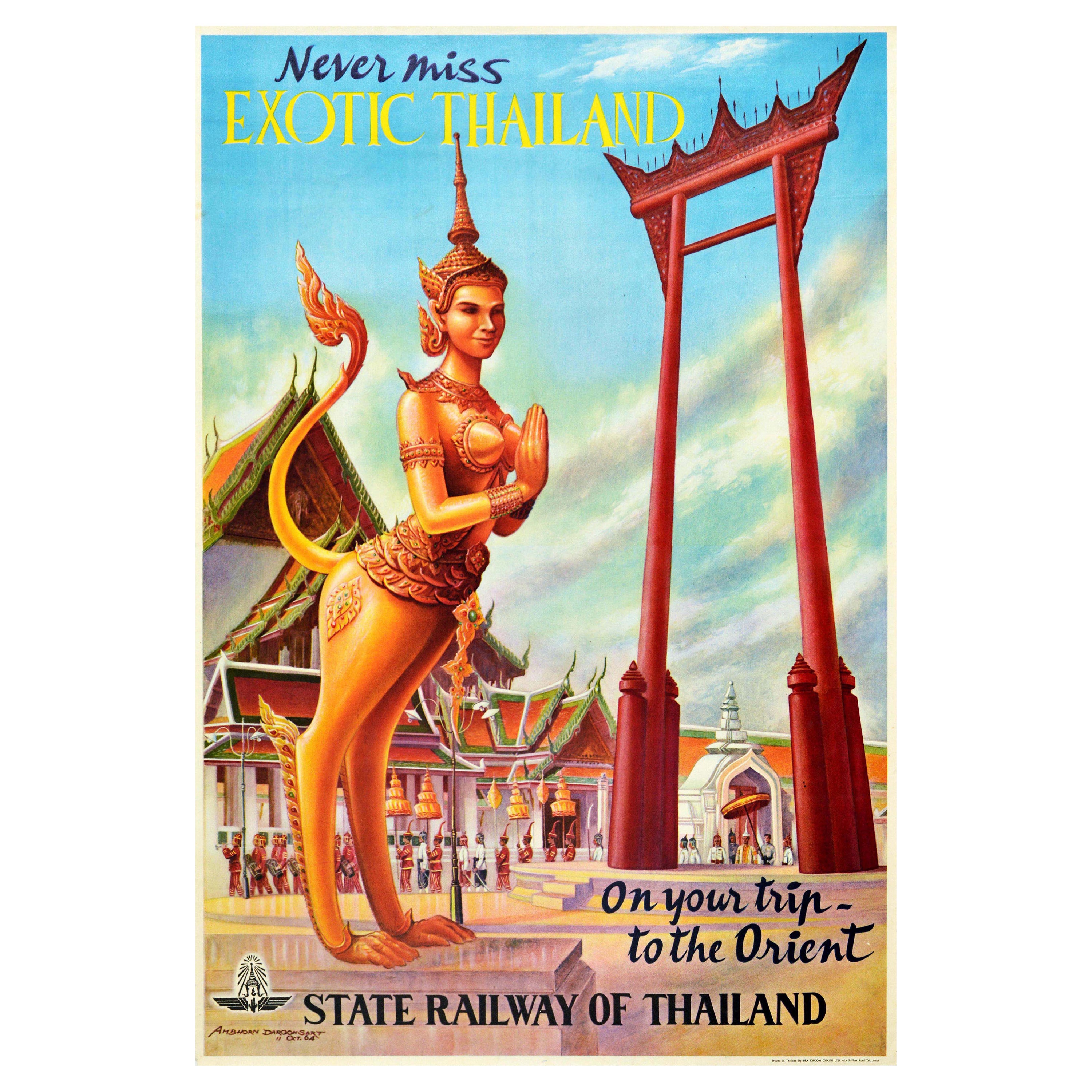 Affiche rétro originale de voyage, Exotique Thaïlande, État, Chemin de fer, Porte de temple, Orient en vente