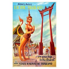 Poster di viaggio originale d'epoca Esotico Thailandia Ferrovia dello Stato Oriente Porta del Tempio