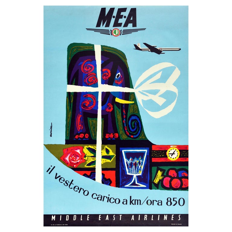 Original Vintage Advertising Poster Middle East Airlines MEA Cargo Plane 850km/h For Sale