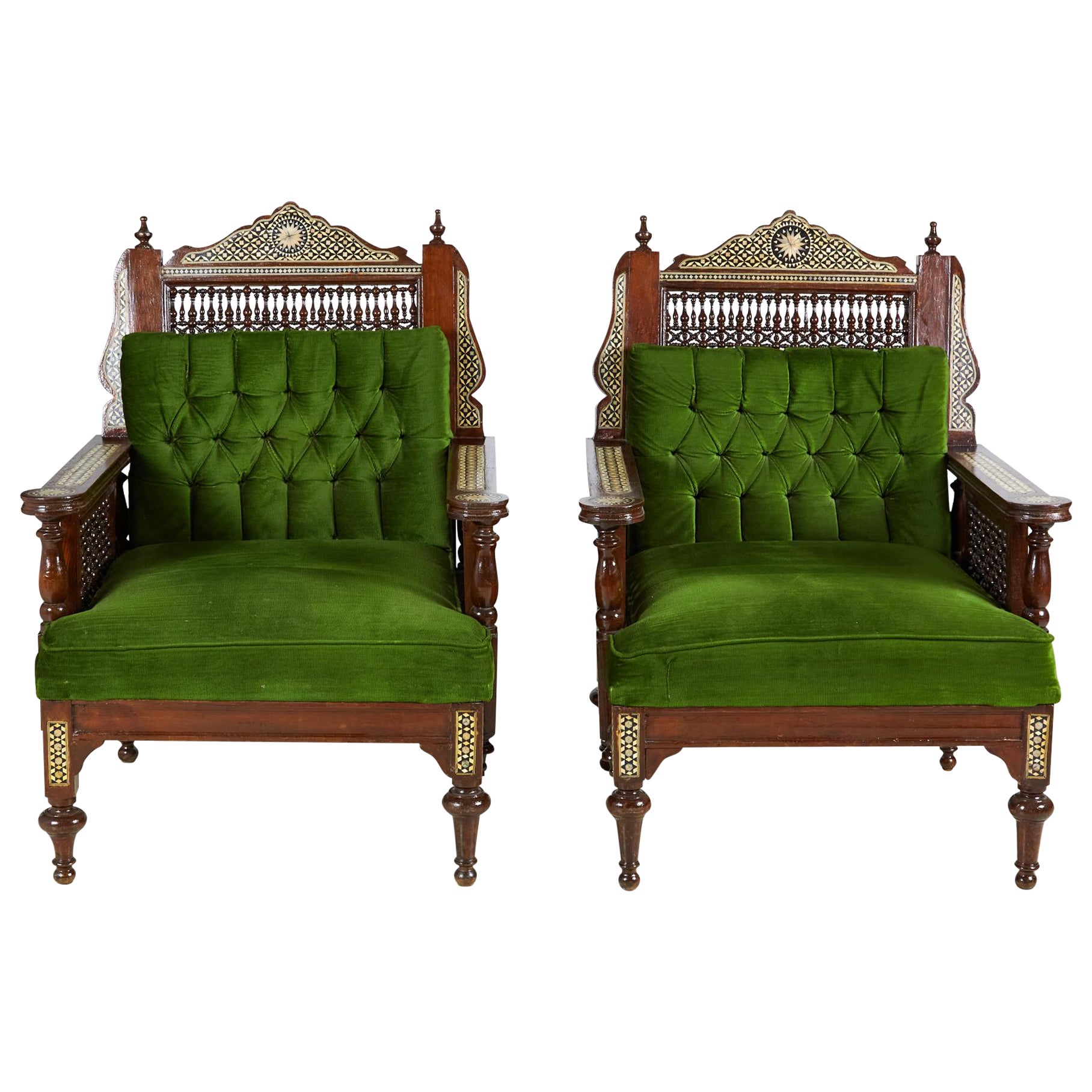Pair of Syrian Style Inlaid and Upholstered Walnut Armchairs