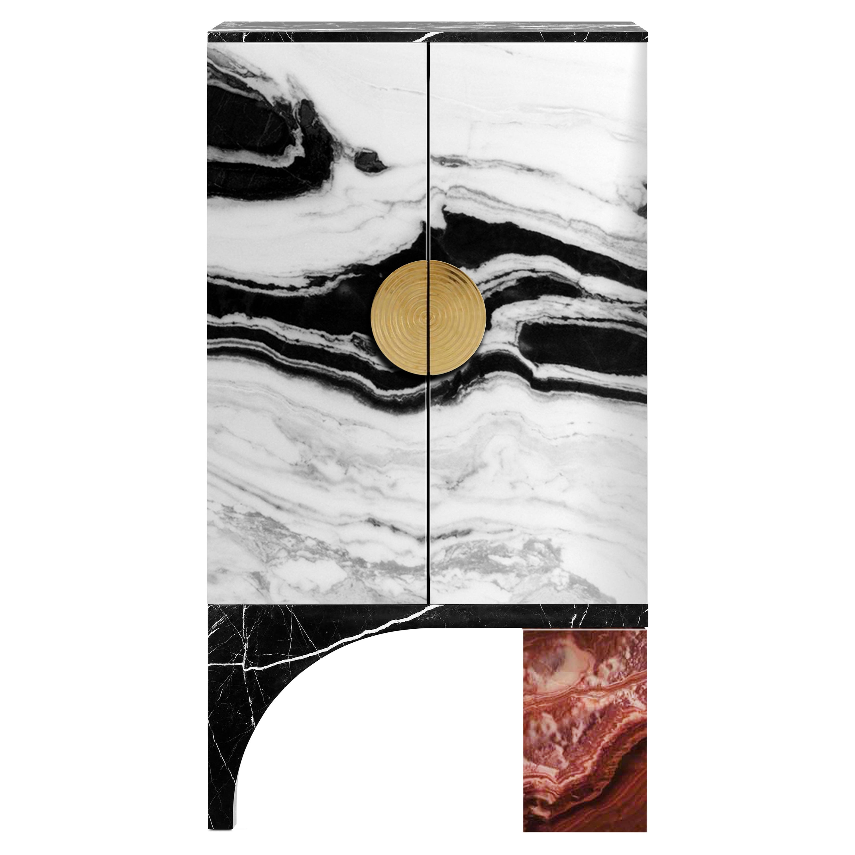 Contemporary Thor Cocktail Cabinet in Brass, Marble, Onyx, Black Ash For Sale