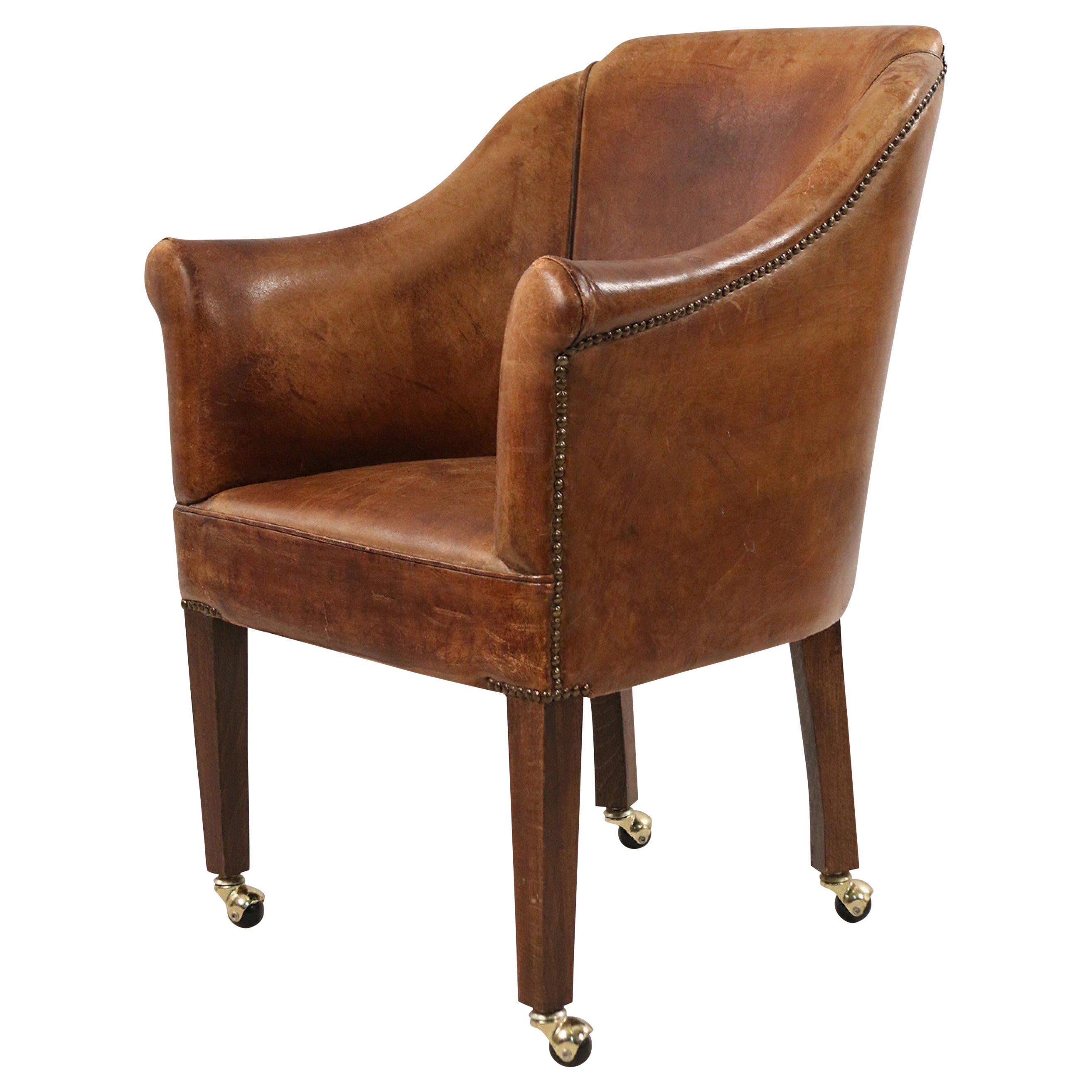 English Georgian Style Brown Leather and Wood Rolling Armchair