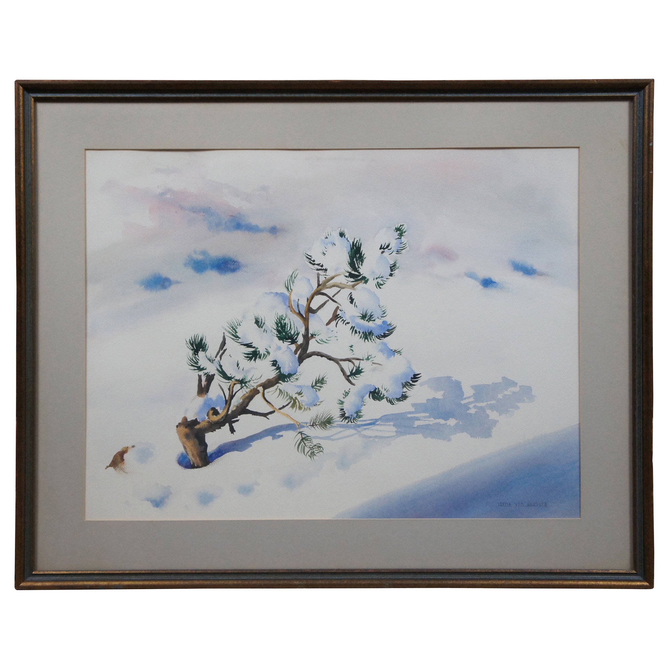 Irene Von Horvath Winter Pine Tree Snow Landscape Watercolor Painting For Sale