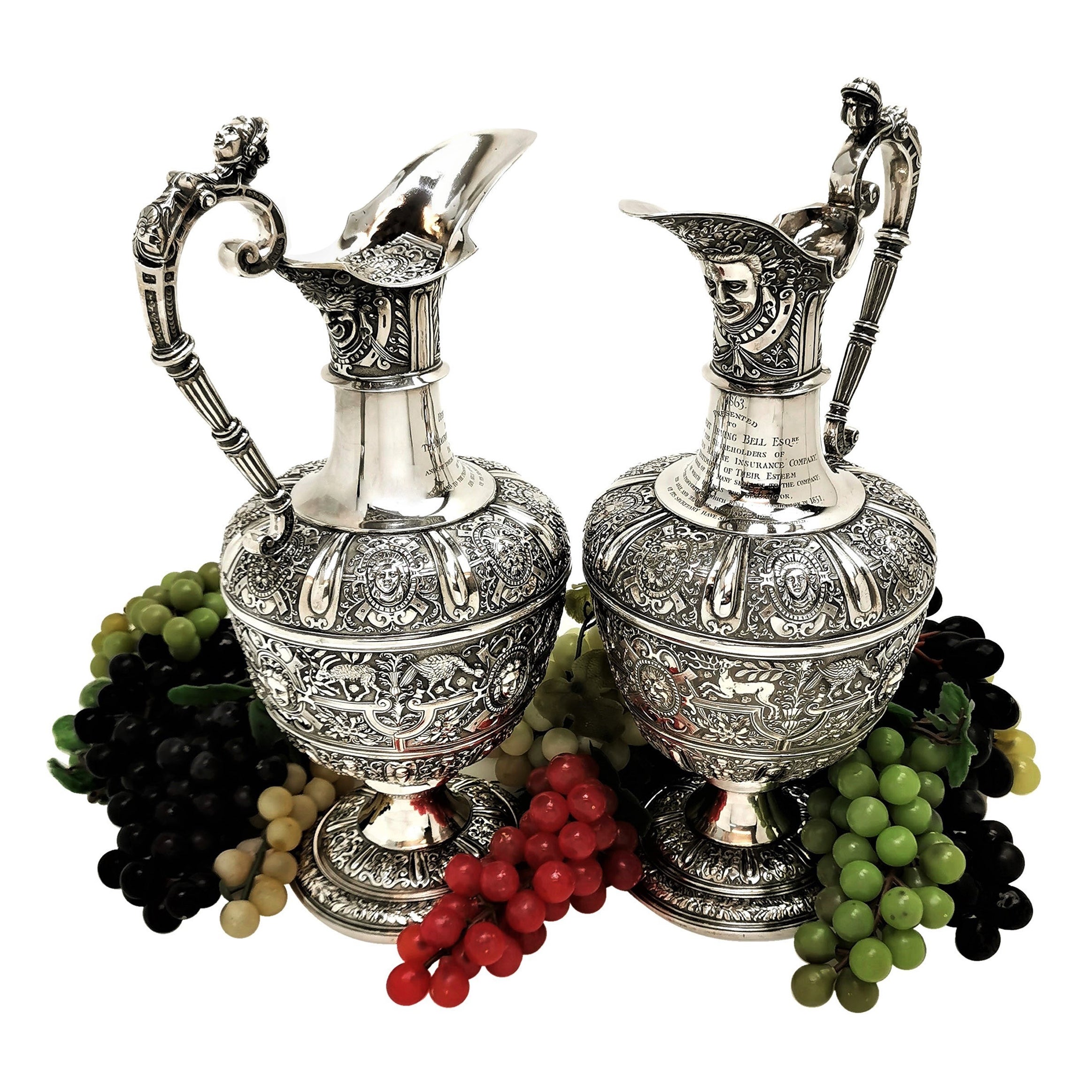 Pair Antique Victorian Sterling Silver Cellini Jugs / Claret Wine Decanters 1863