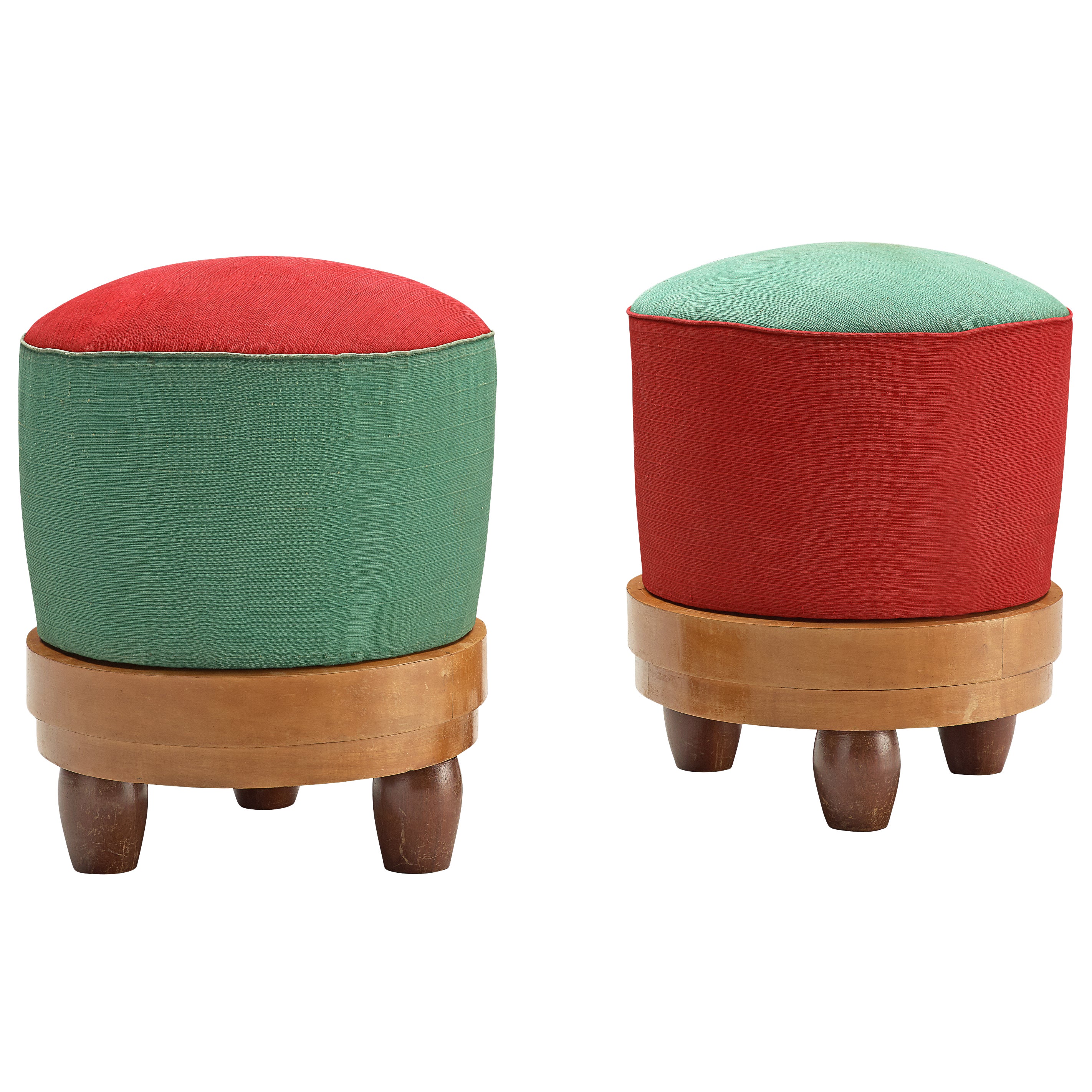 Pair of Colorful Poufs in Green and Red Fabric