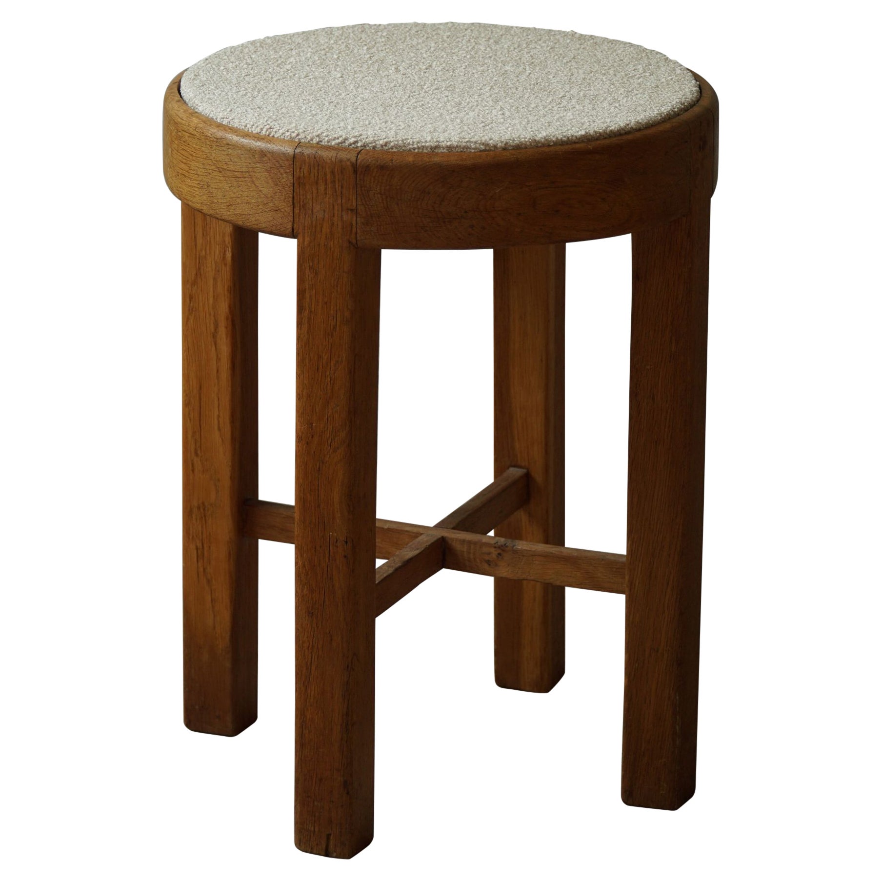 Danish Mid Century Stool in Oak and Reupholstered in Bouclé Wool, ca 1950s For Sale